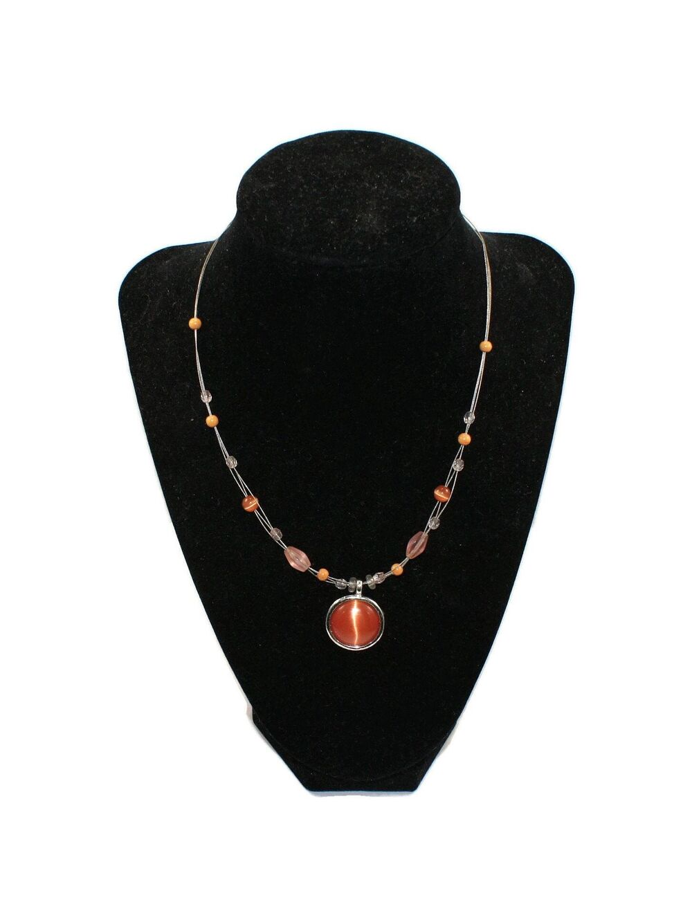 VTG Silver Tone Round Orange Pendant on Pink, Clear and Orange Beaded Necklace.